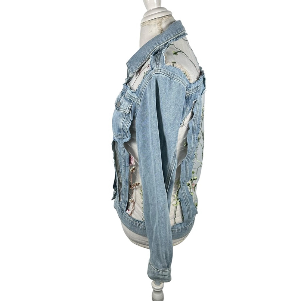 Davi & Dani Embroidery Mesh Jean Jacket Floral Light Wash Boho Womens Size S - Picture 6 of 14
